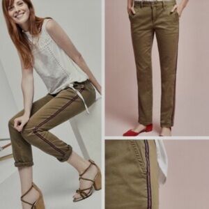 Anthropologie Chino Olive Green Relaxed Pants with Side Stripe